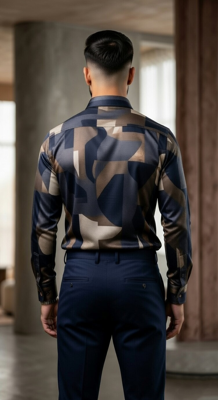 Men'sDesigner Slim-Fit Abstract Fragment Print Shirt , Midnight & Burnished Bronze
