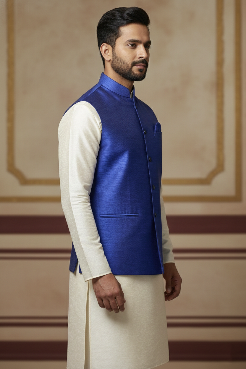 Men’s Royal Blue Nehru Jacket with Ivory Kurta Pajama