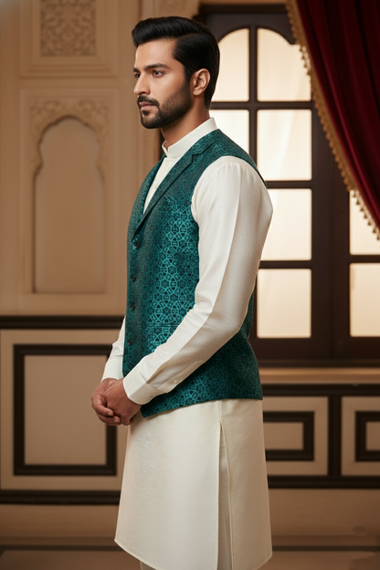 Men's Teal Blue Geometric Jacquard Nehru Jacket – Premium Silk Blend Ethnic Waistcoat with Modern Notched Lapel