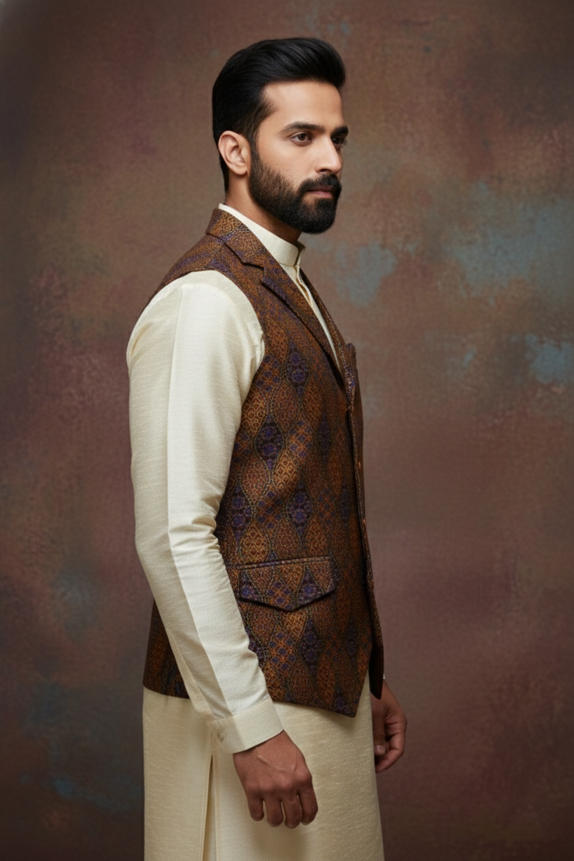 Men’s Brown Printed Nehru Jacket with Ivory Kurta
