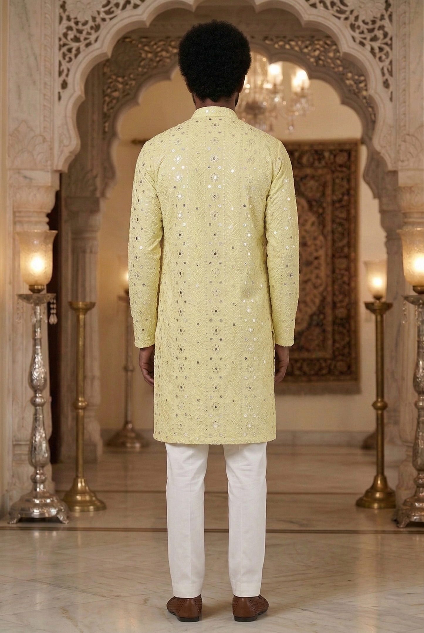 Men'sLemon Yellow Mirror Work Partywear Kurta Pajama