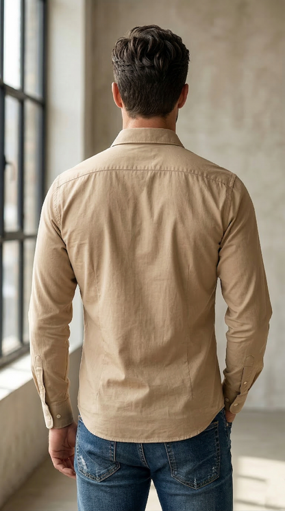 Men'sCasual Slim-Fit Stretch Poplin Shirt in Khaki Tan