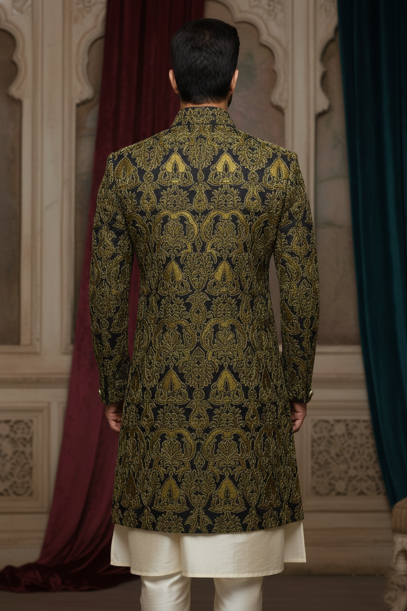 Black Sherwani with Golden Embroidery