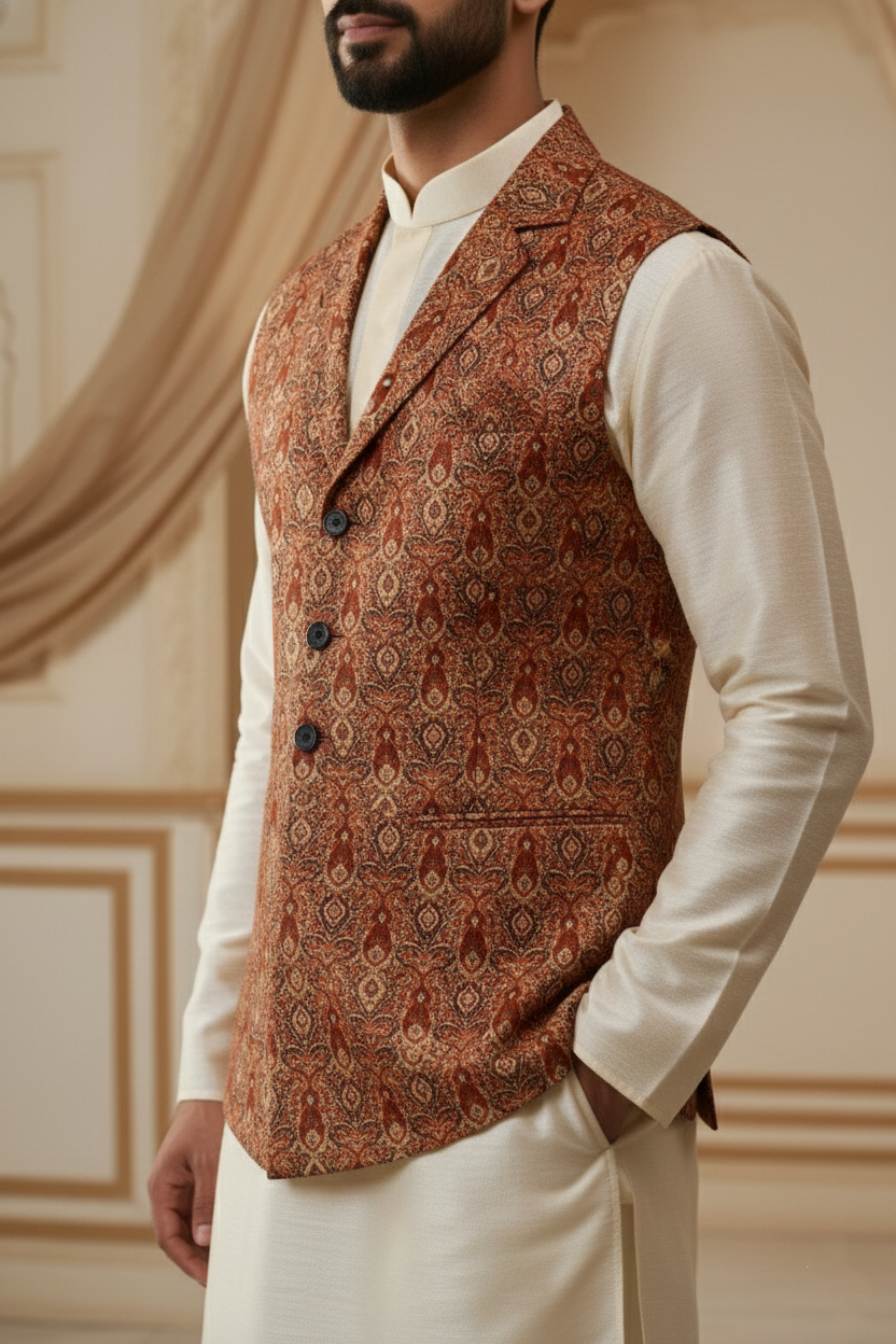 Men’s Rust Printed Nehru Jacket | Ethnic Waistcoat for Kurta Pajama & Festive Wear