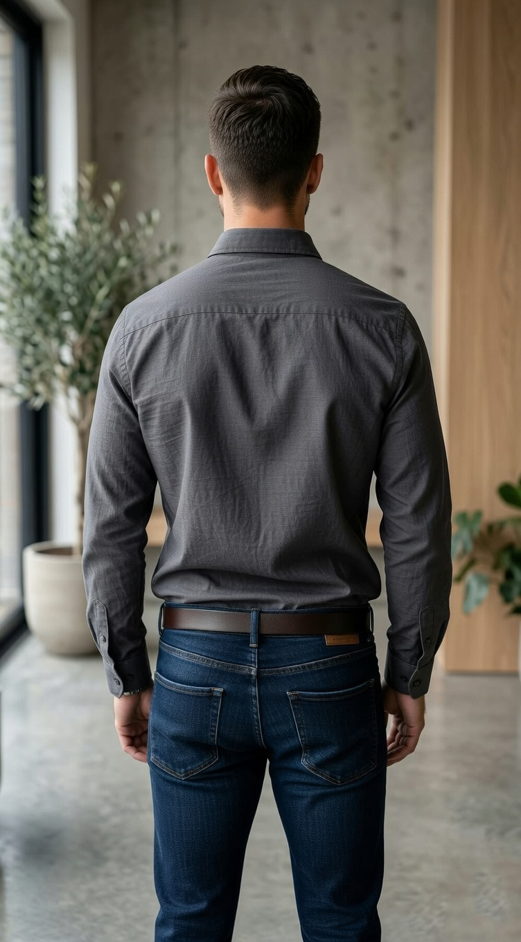 Men'sCasual Slim-Fit Melange Linen Shirt in Charcoal Grey