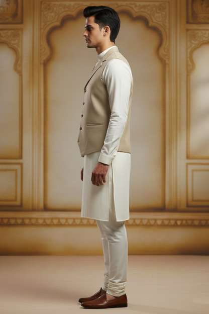 Men’s Beige Jacquard Silk Waistcoat with Notch Lapel | Slim Fit Festive Vest