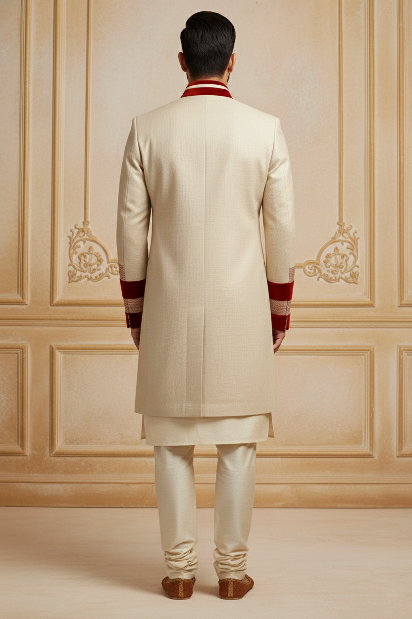 Cream Sherwani with Red Accents