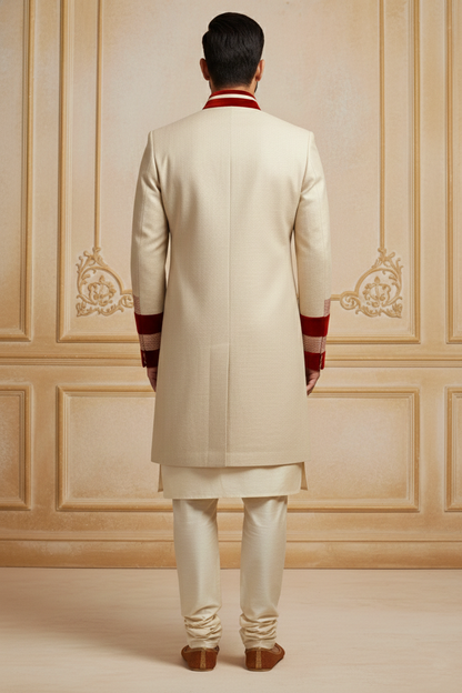 Cream Sherwani with Red Accents