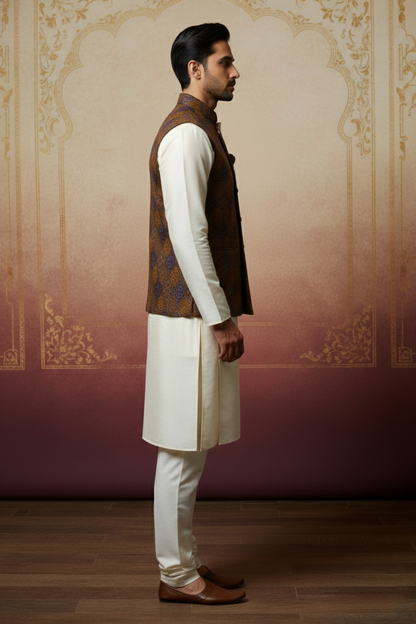 Men’s Brown & Purple Printed Nehru Jacket with Ivory  Kurta