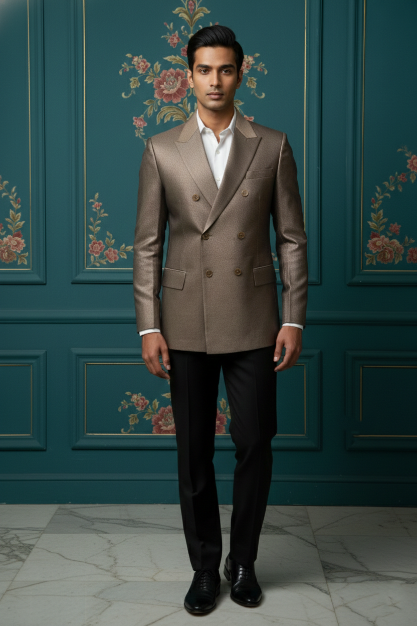 Men'sPremium Bronze Metallic Double-Breasted Blazer , Luxury Slim-Fit Formal Tuxedo Jacket