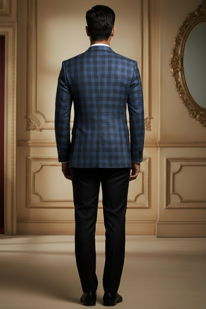 Men's Premium Navy Blue Jacquard Checkered Blazer