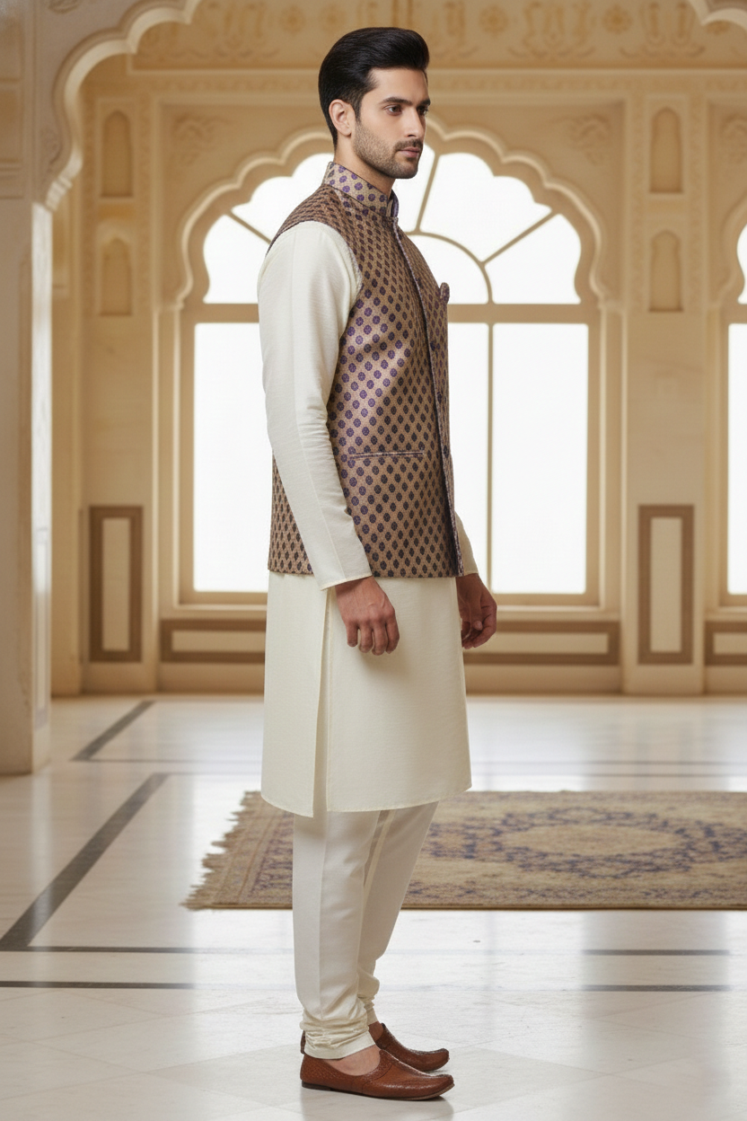 Men’s Purple Printed Nehru Jacket Kurta  Pajama