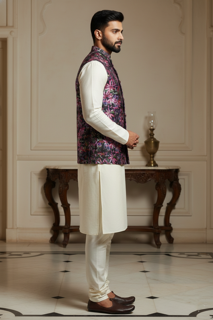 Midnight Bloom: Men’s Abstract Floral Nehru Jacket