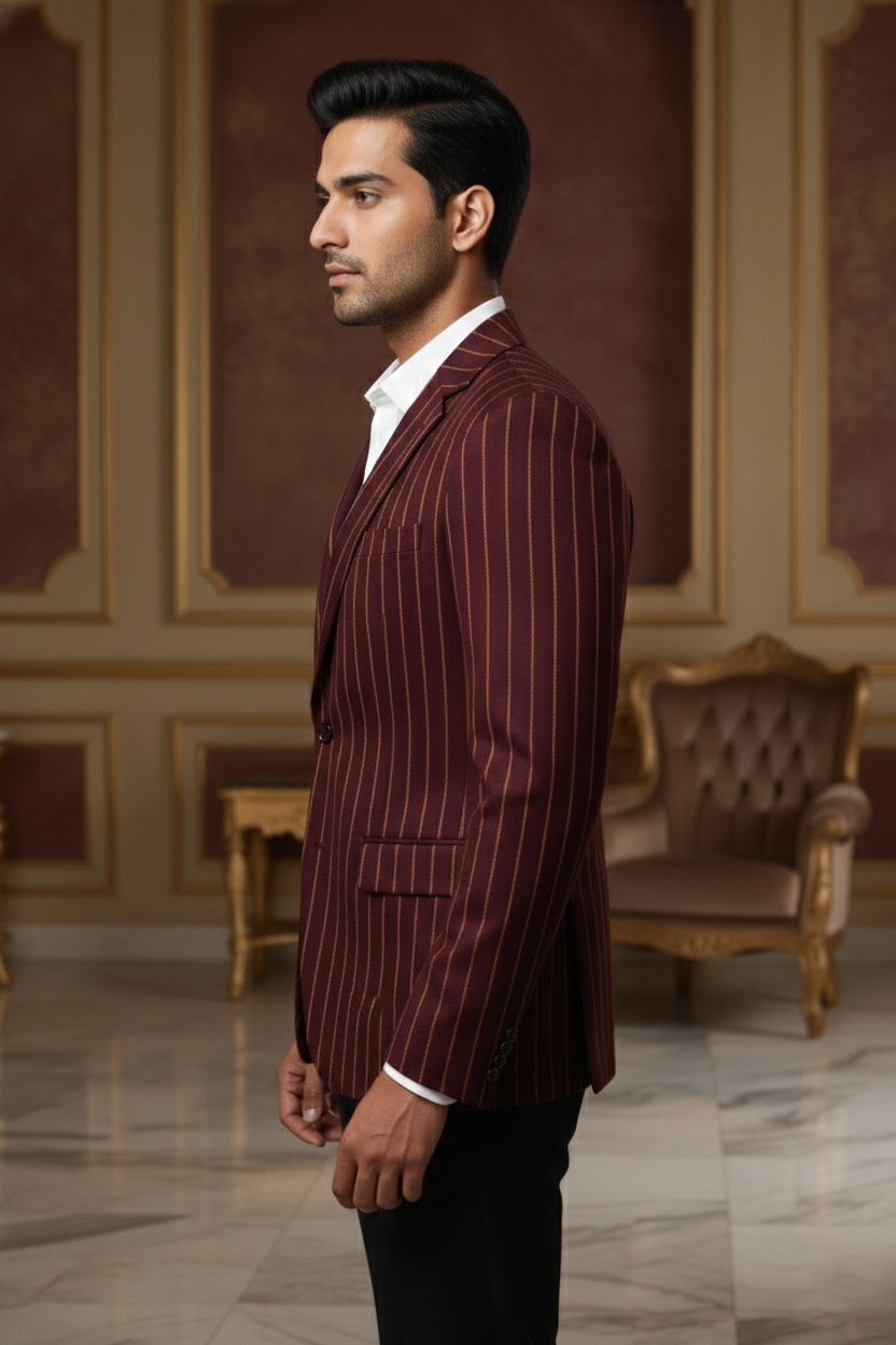 Men'sPremium Maroon Vertical Pinstripe Jacquard Blazer