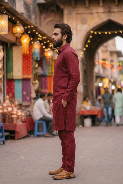 Men's Maroon Linen-Blend Plain Kurta Pajama Se