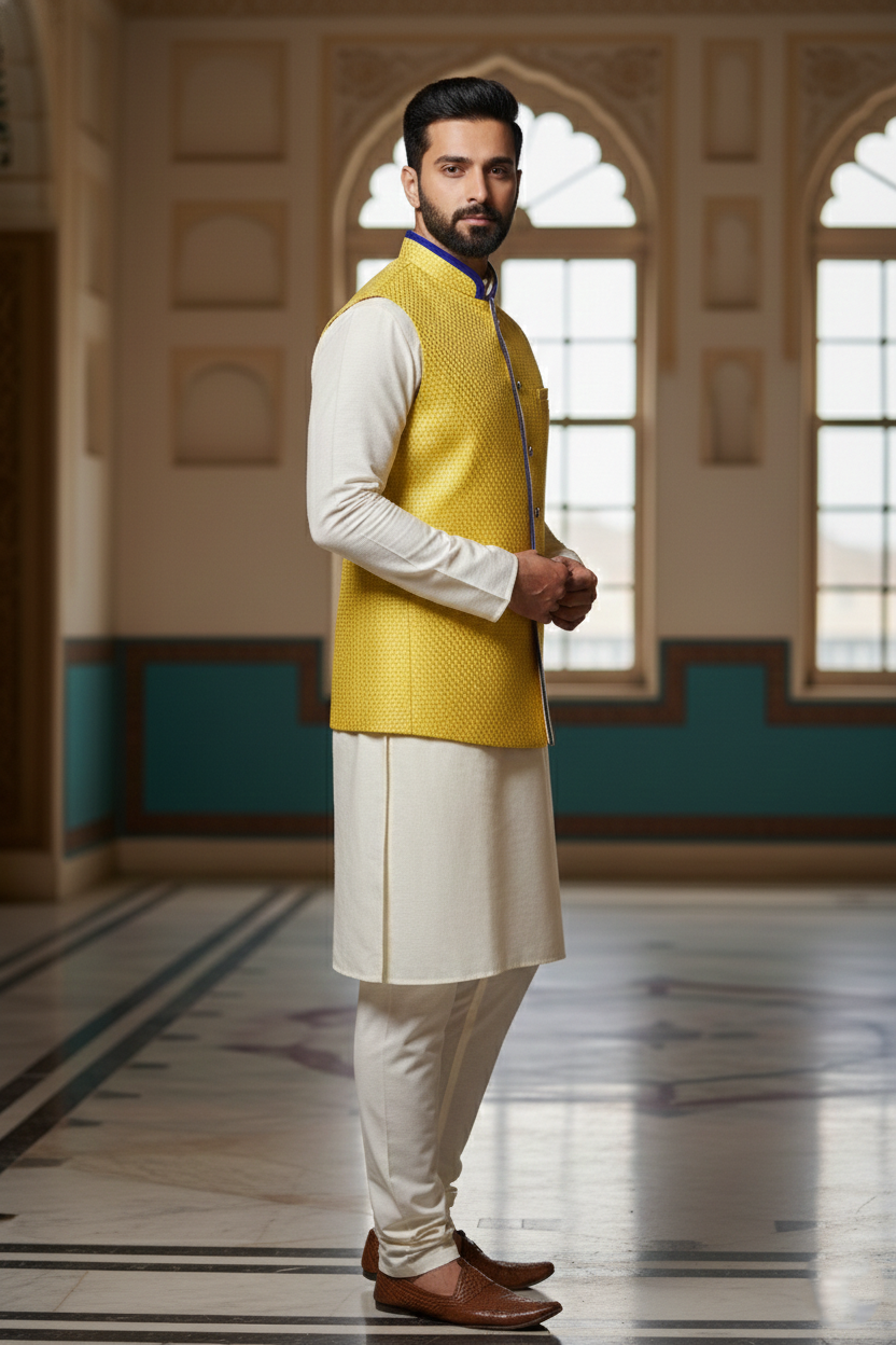 Bright Yellow Nehru Jacket with Dark Blue Trim &  Cream Kurta Set