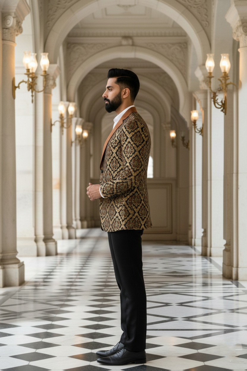 Men'sHeritage Brocade Tuxedo Blazer with Contrasting Copper Shawl Lapel