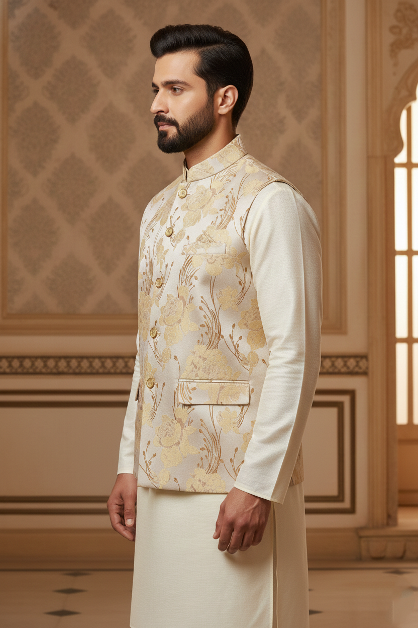 Men’s Luxury Gold Floral Jacquard Nehru Jacket