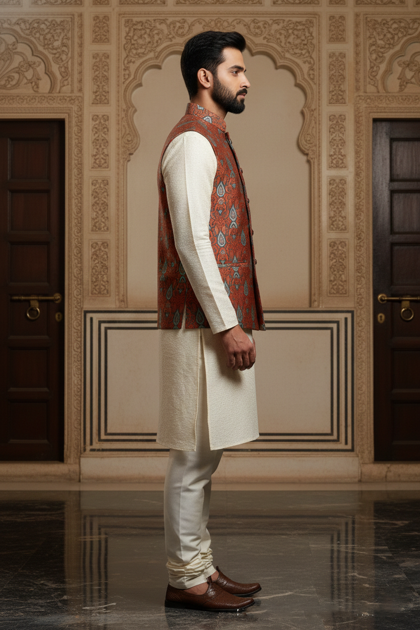 Men’s Rust Orange Printed Nehru Jacket | Ethnic Patterned Mandarin Collar Waistcoat for Festive & Wedding Wear