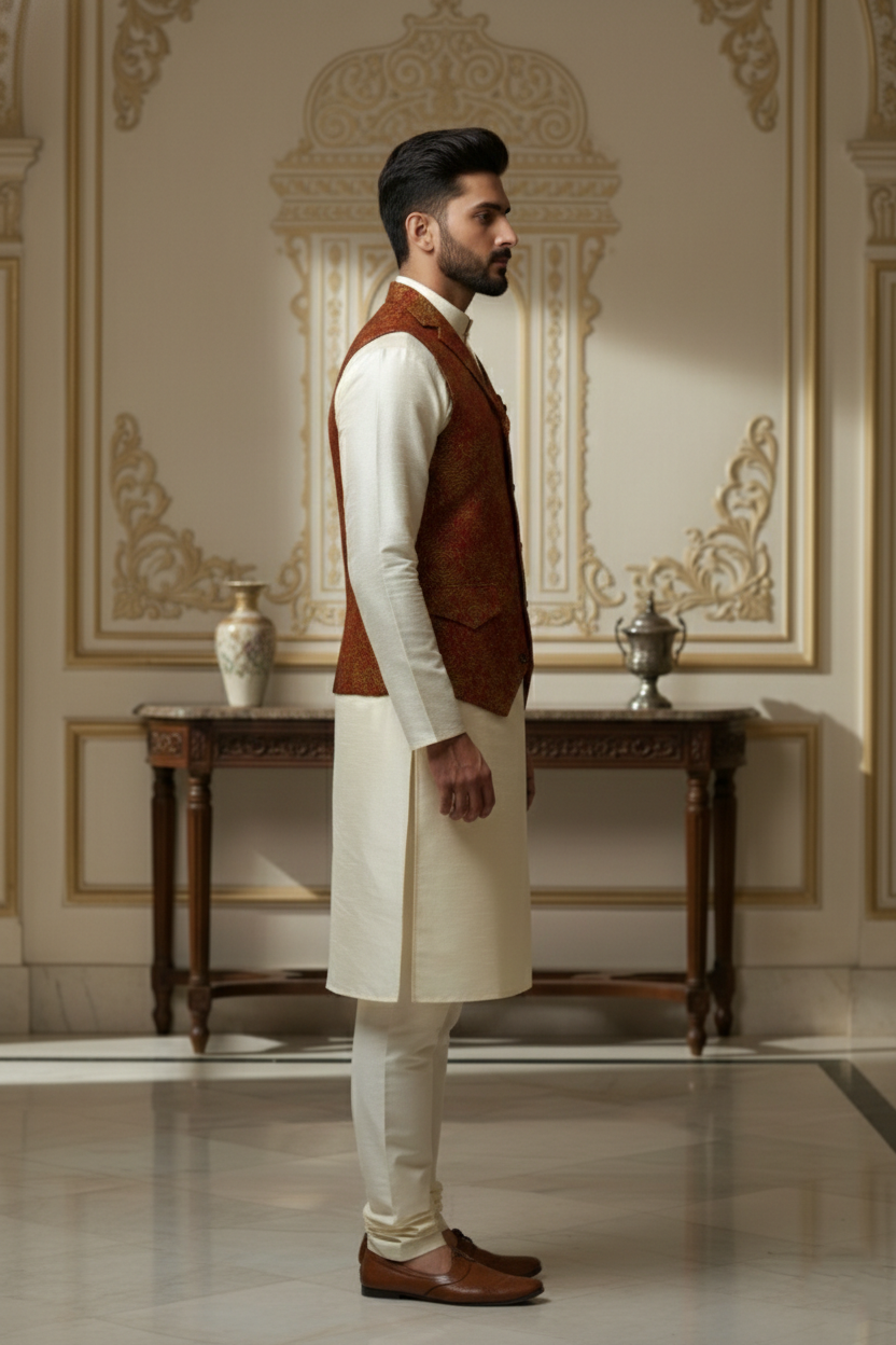Men's Rust & Gold Brocade Waistcoat with Cream  Kurta Set