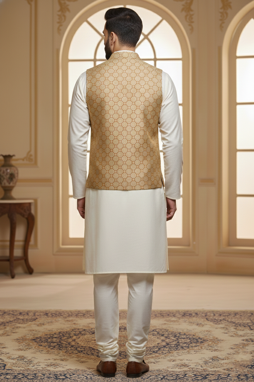 Men’s Cream Designer Waistcoat | Red Line Work Slim Fit Festive Vest