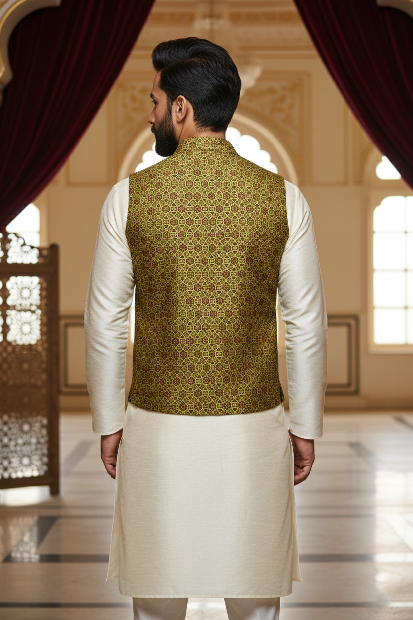 Men's Olive Green & Gold Geometric Print Nehru Jacket – Premium Multi-Pocket Designer Waistcoat with Notched Lapel for Ethnic & Fusion Wear