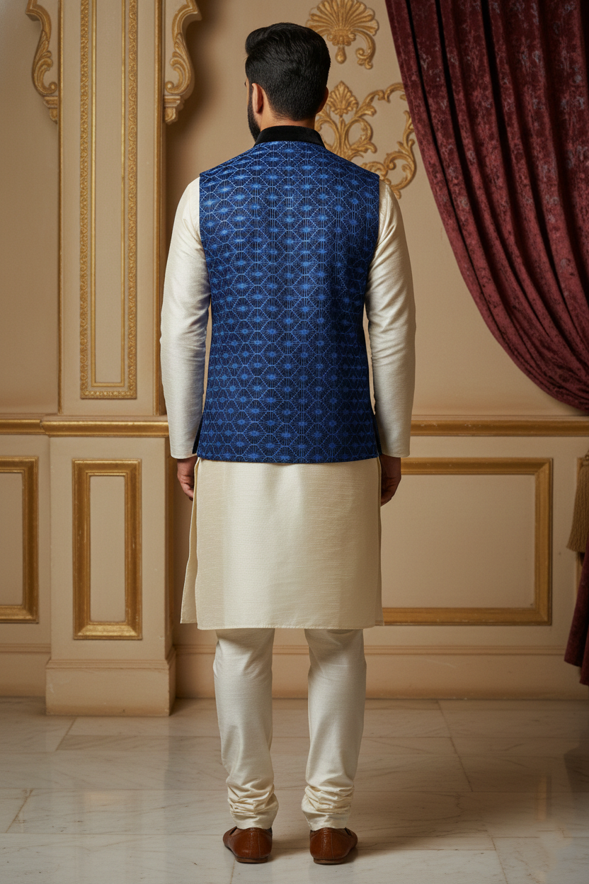 Blue Geometric Nehru Jacket with Cream Kurta Set