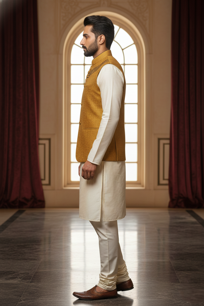 Men’s Yellow Nehru Jacket | Classic Ethnic Modi Jacket with Button Closure | Sleeveless Waistcoat for Festive & Wedding Wear