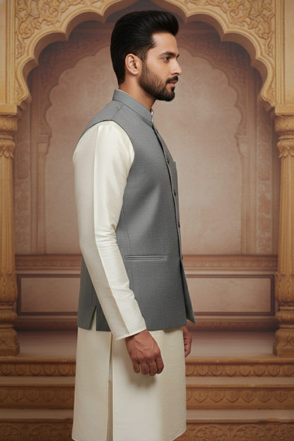 Classic Grey Textured Nehru Jacket with Cream  Kurta Set
