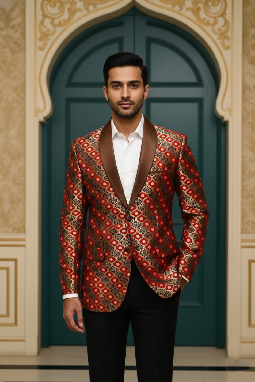 Men's Red and Gold Brocade Tuxedo Blazer , Ethnic Geometric Jacquard Wedding Jacket
