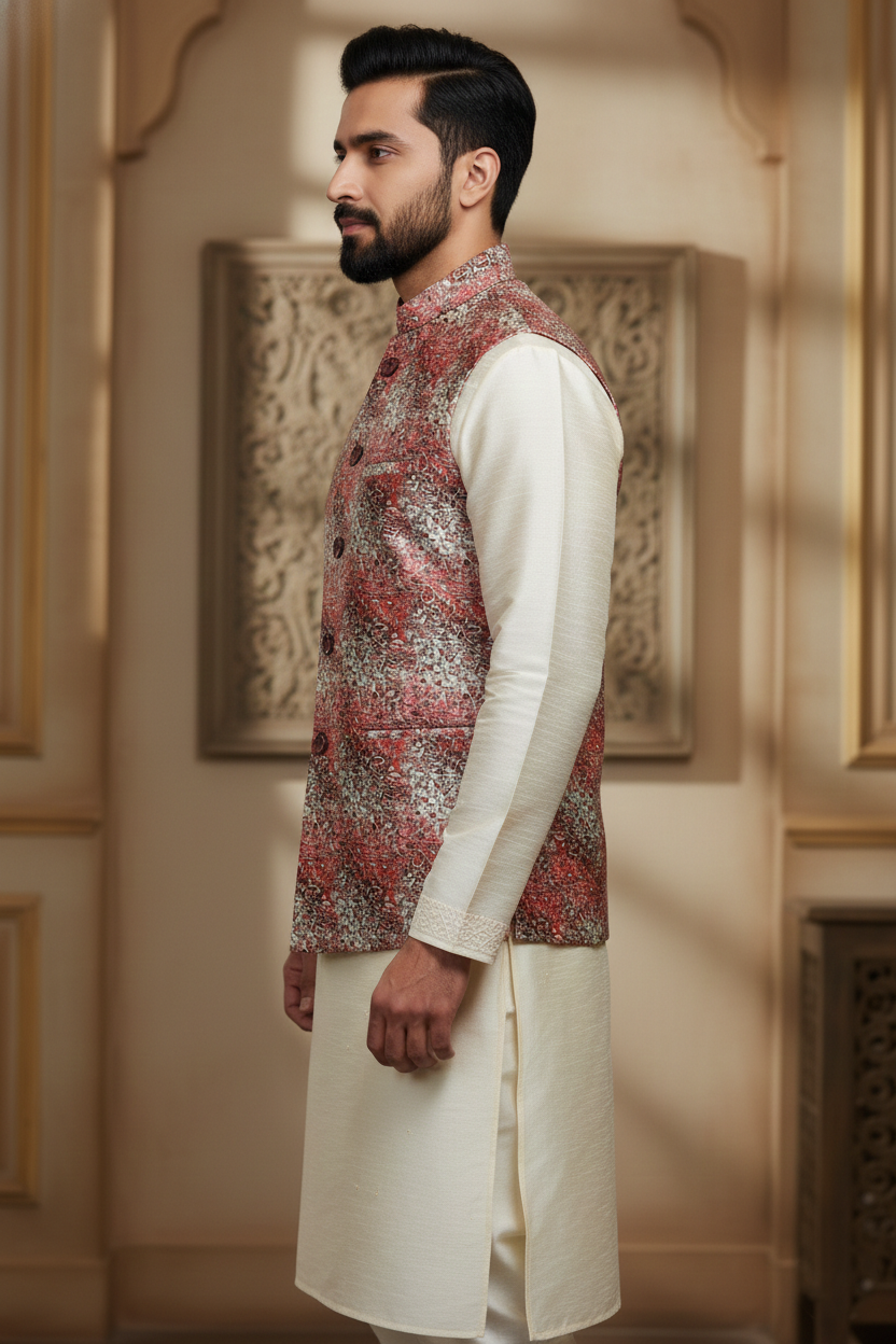 The Modern Maharaja: Abstract Printed Nehru Jacket & Silk Kurta Set