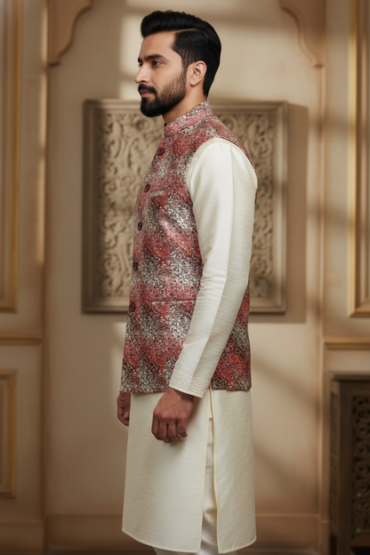 The Modern Maharaja: Abstract Printed Nehru Jacket & Silk Kurta Set