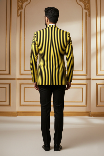 Men's Slim Fit Yellow and Black Vertical Striped Blazer , Modern Statement Sport Coat