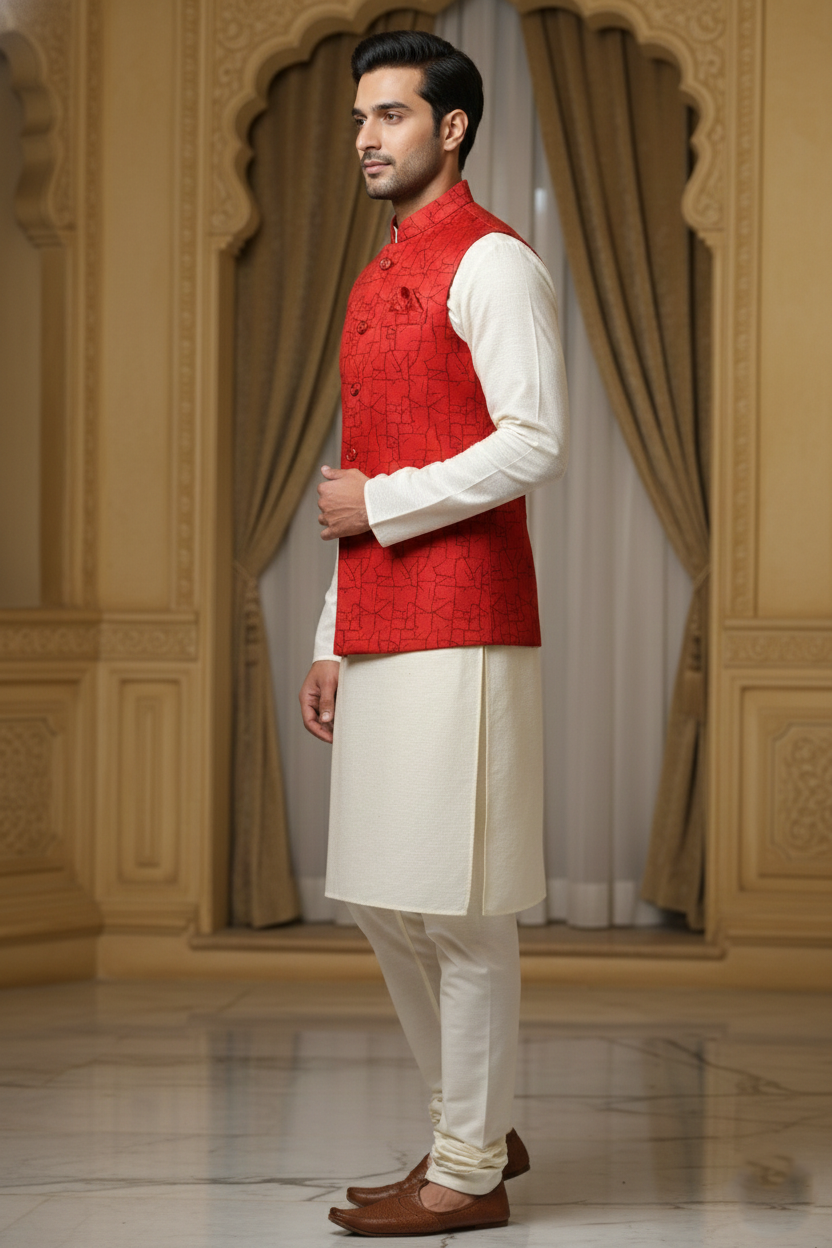 Men’s Red Nehru Jacket with Black Line Work | Designer Ethnic Waistcoat