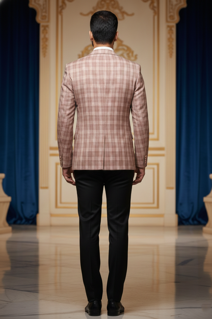 Pink & Brown Plaid Tailored Blazer with Two-Button Closure