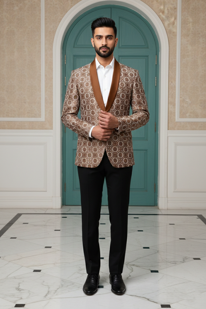 Copper Geometric Silk Jacquard Tuxedo Blazer with Bronze Satin Shawl Lapel