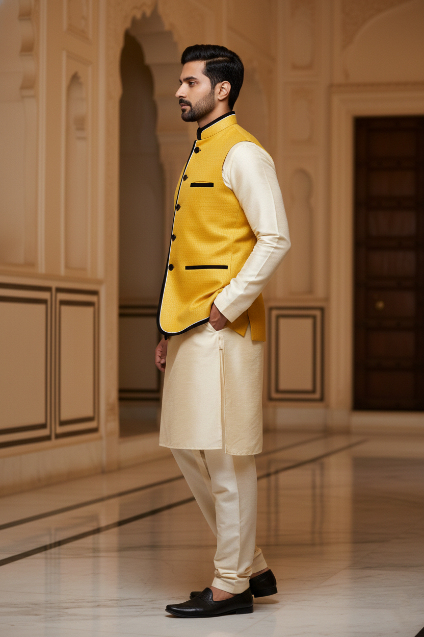 Mustard Yellow Nehru Jacket with Cream Kurta Set