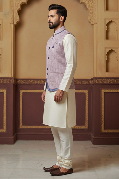 Men's Mauve Textured Nehru Jacket – Designer Curved "U" Cut Ethnic Waistcoat | Slim Fit Modi Jacket for Weddings & Festivals