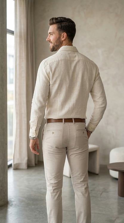Men'sCream Linen-Cotton Blend , The Ultimate Coastal Casual Button-Down