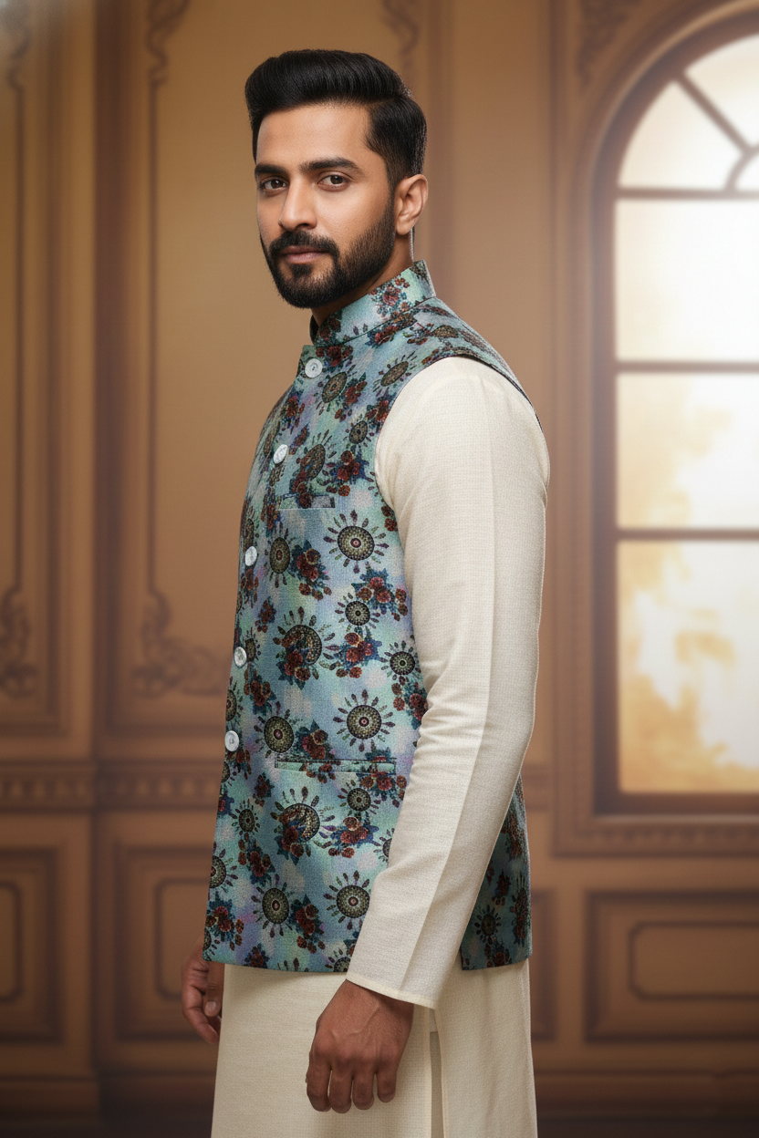 Men’s Teal Floral Nehru Jacket with Ivory Kurta Pajama