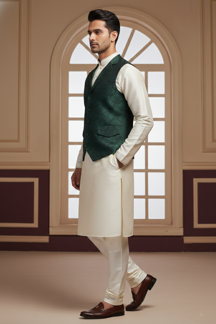 Men’s Dark Green Jacquard Silk Waistcoat with Notch Lapel | Slim Fit Festive Vest