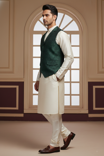 Men’s Dark Green Jacquard Silk Waistcoat with Notch Lapel | Slim Fit Festive Vest