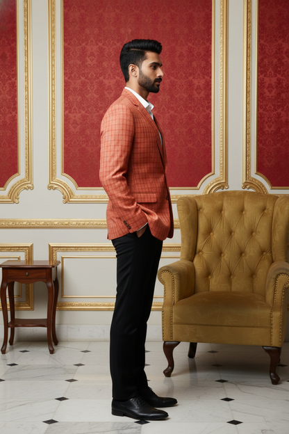 Red-Orange Grid Pattern Blazer