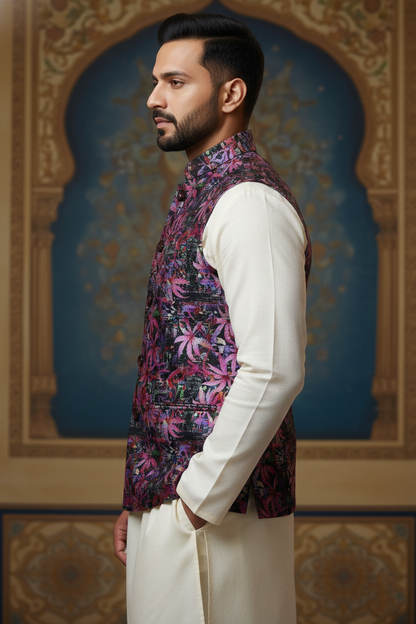 Title: The Violet Nocturne: Contemporary Floral Fusion Nehru Ensemble