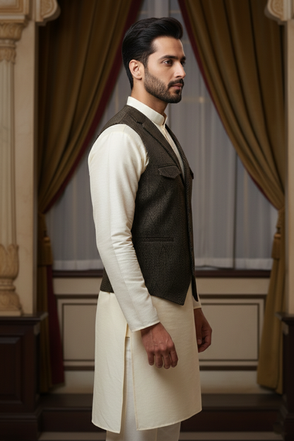 Men’s Textured Charcoal Nehru Jacket with Lapels