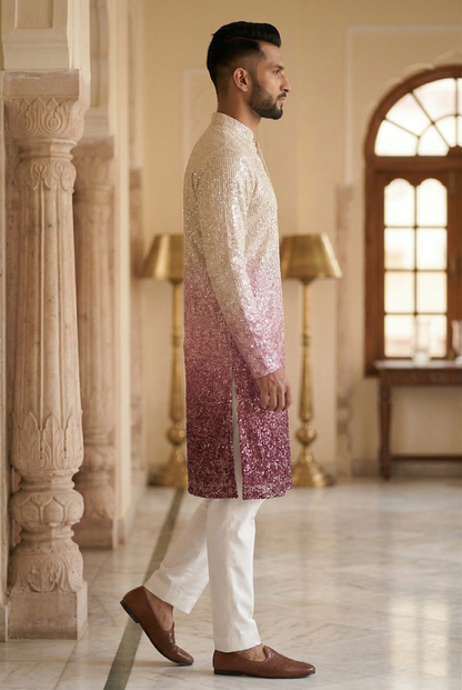 Men'sOmbre Sequin Designer Kurta Pajama in Wine & Cream