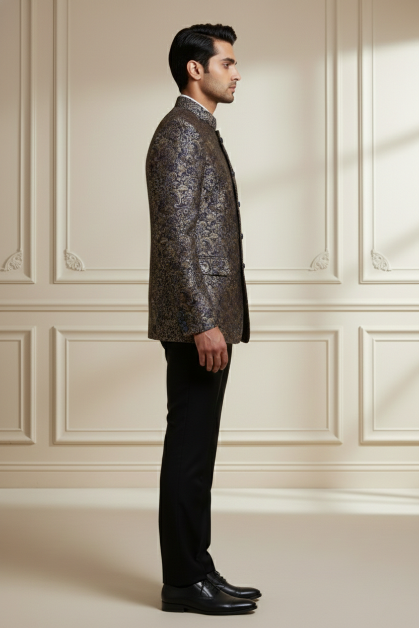 Men'sPremium Navy Blue & Gold Silk Jacquard Jodhpuri Suit