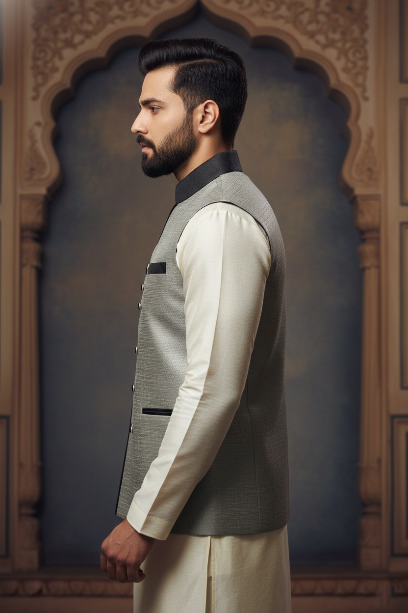 Men’s Grey Asymmetric Nehru Jacket with Ivory Kurta