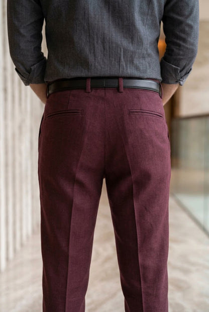 Men'sBurgundy Textured Tailored Slim-Fit Trousers