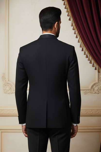 Black Formal Jacket with Woven Lapel Detailing
